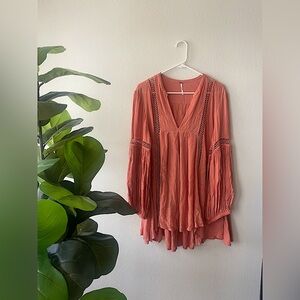 Free People Pink Boho Oversized V-Neck Long Sleeve Dress Women’s Size Small